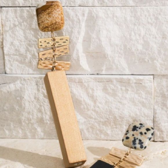 Natural Stone Wood Bar Post Dangle Earrings - Picture 2 of 3